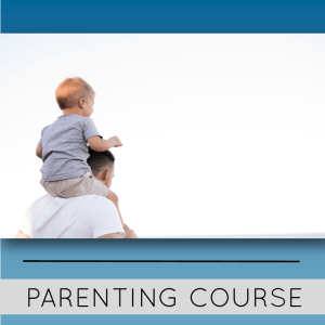 Parenting course image with a baby on top of a person's shoulder